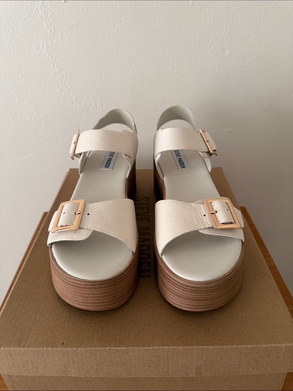 Steve Madden Cream Leather Platform Sandals with Gold Buckles
